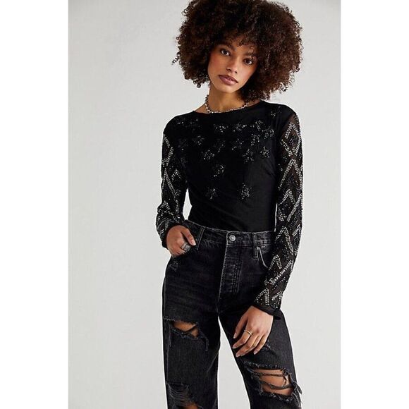 NWT FREE PEOPLE Sz M STARGAZER BODYSUIT SEQUIN EMBELLISHED MESH IN BLACK - Picture 1 of 5